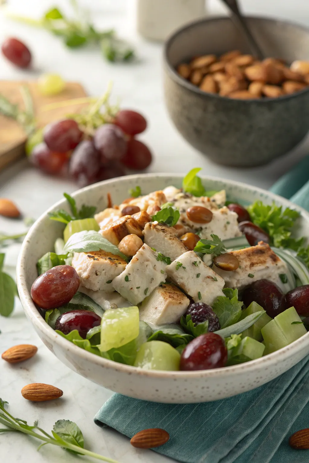 Best chicken salad with grapes, celery, and creamy dressing, garnished with toasted almonds