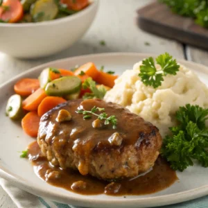 Chicken Salisbury steak served with mashed potatoes, gravy