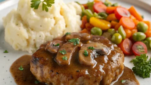 Chicken Salisbury steak served with mashed potatoes, gravy, and sautéed vegetables.