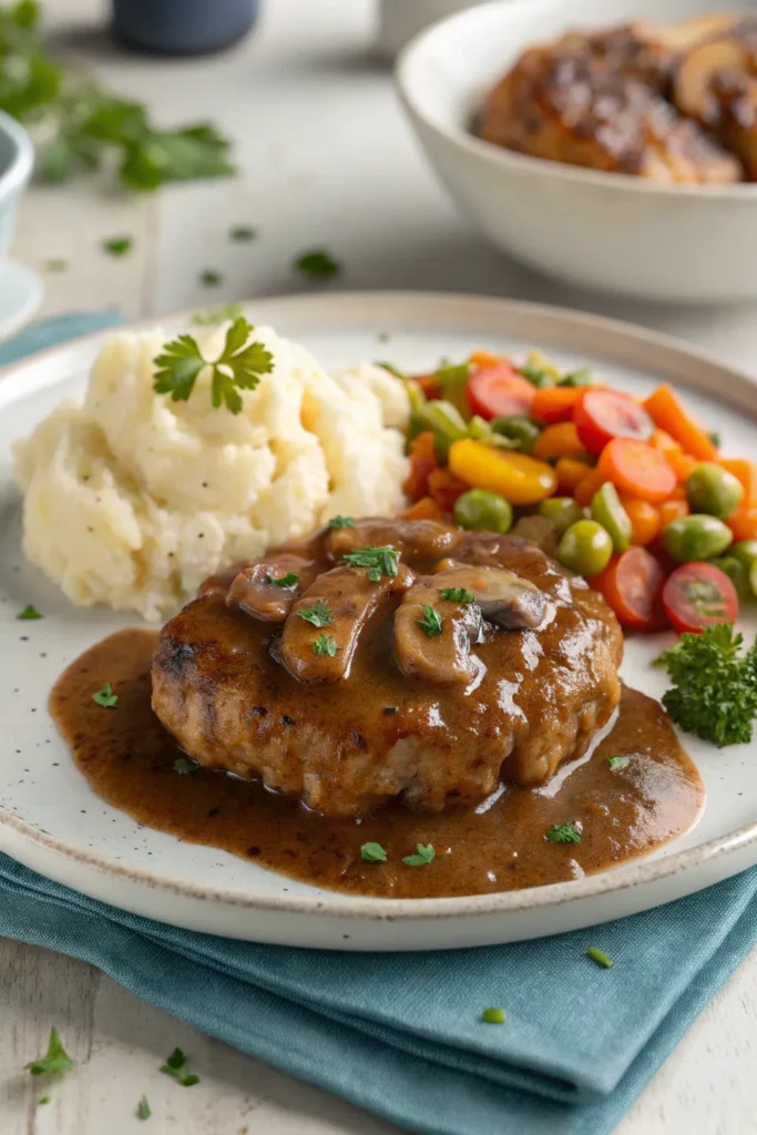 Chicken Salisbury steak served with mashed potatoes, gravy, and sautéed vegetables.