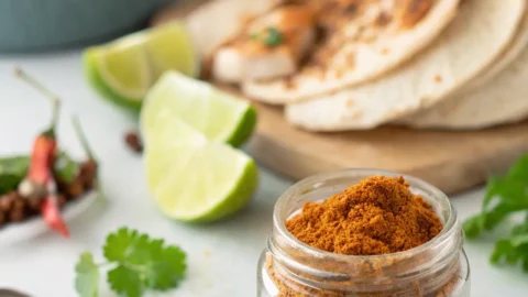 Homemade chicken taco seasoning mix with spices like cumin, paprika, and garlic powder, in a jar with a spoonful of seasoning