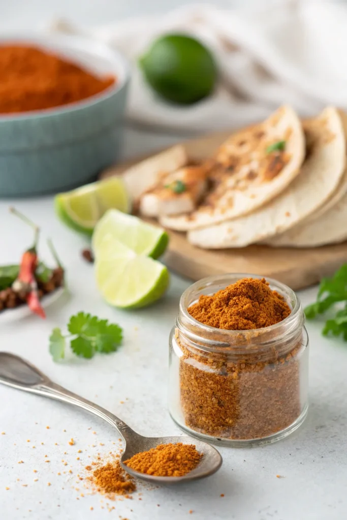 Homemade chicken taco seasoning mix with spices like cumin, paprika, and garlic powder, in a jar with a spoonful of seasoning