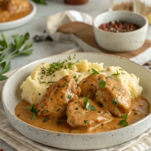 Tender chicken pieces served with rich gravy