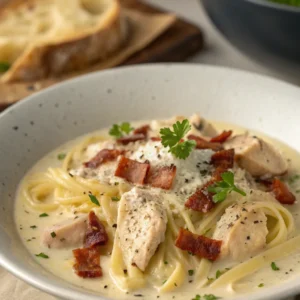Creamy chicken carbonara with tender chicken