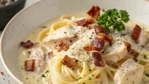 Creamy chicken carbonara with tender chicken, crispy bacon, and creamy pasta sauce.