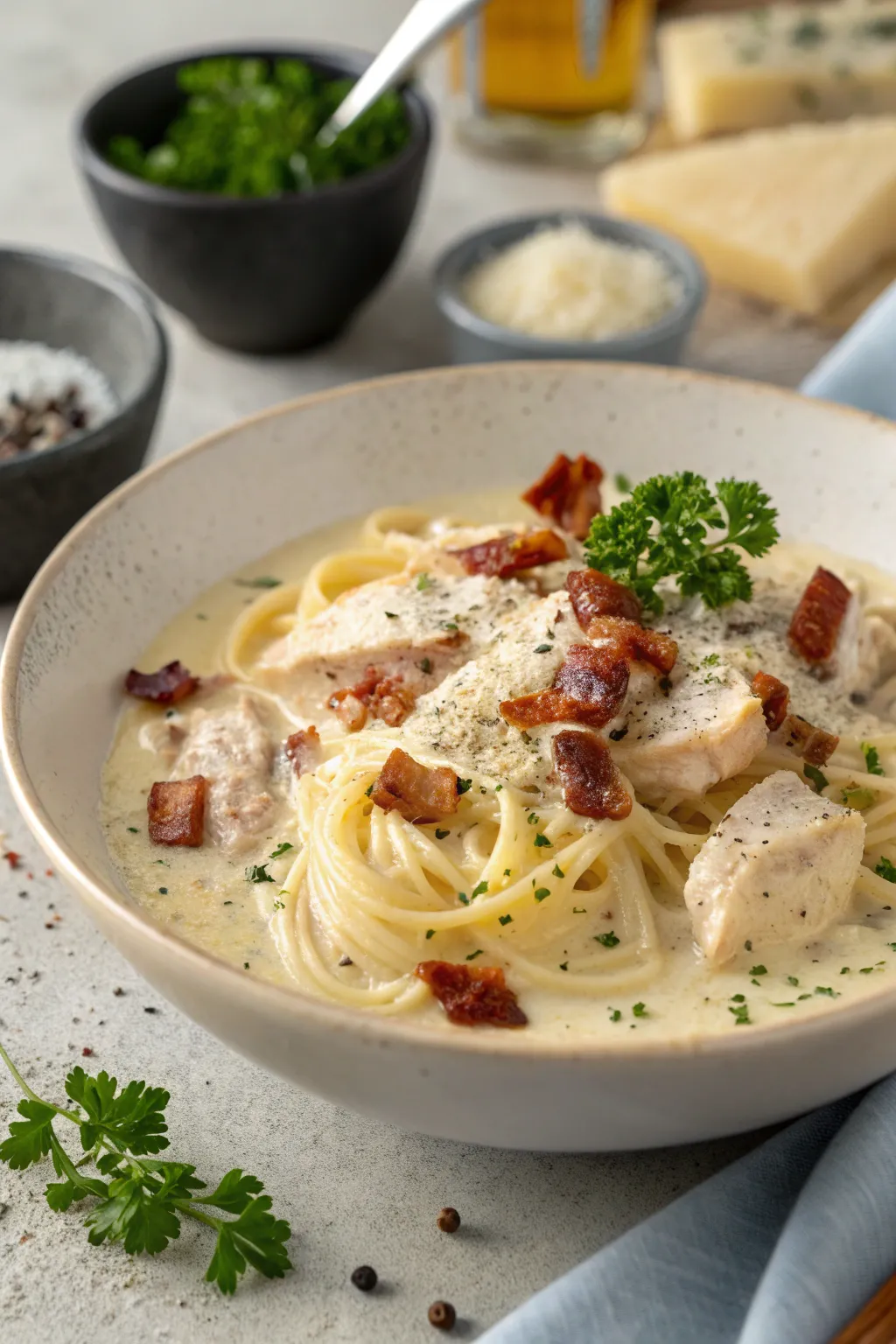 Creamy chicken carbonara with tender chicken, crispy bacon, and creamy pasta sauce.