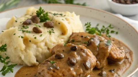 Tender chicken pieces served with rich gravy and garnished with fresh herbs