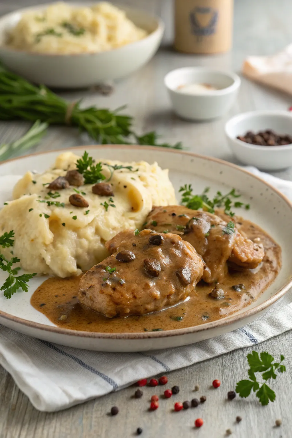 Tender chicken pieces served with rich gravy and garnished with fresh herbs