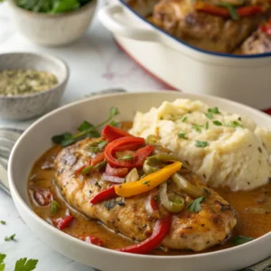 Mississippi chicken served with mashed potatoes and rich gravy,