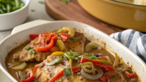 Mississippi chicken with tender chicken breasts in savory gravy, served with mashed potatoes.