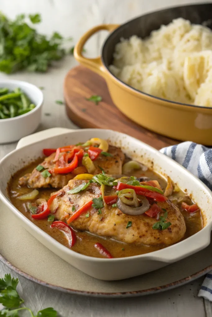 Mississippi chicken with tender chicken breasts in savory gravy, served with mashed potatoes.