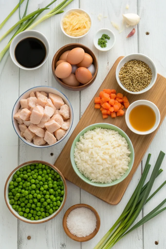 Ingredients for Benihana chicken fried rice including chicken, rice, vegetables, and soy sauce