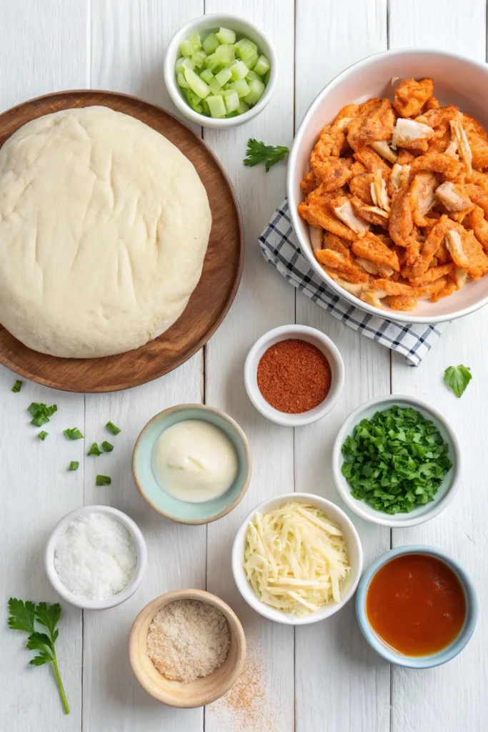 Ingredients for buffalo chicken pizza including dough, buffalo chicken, mozzarella, and dressing