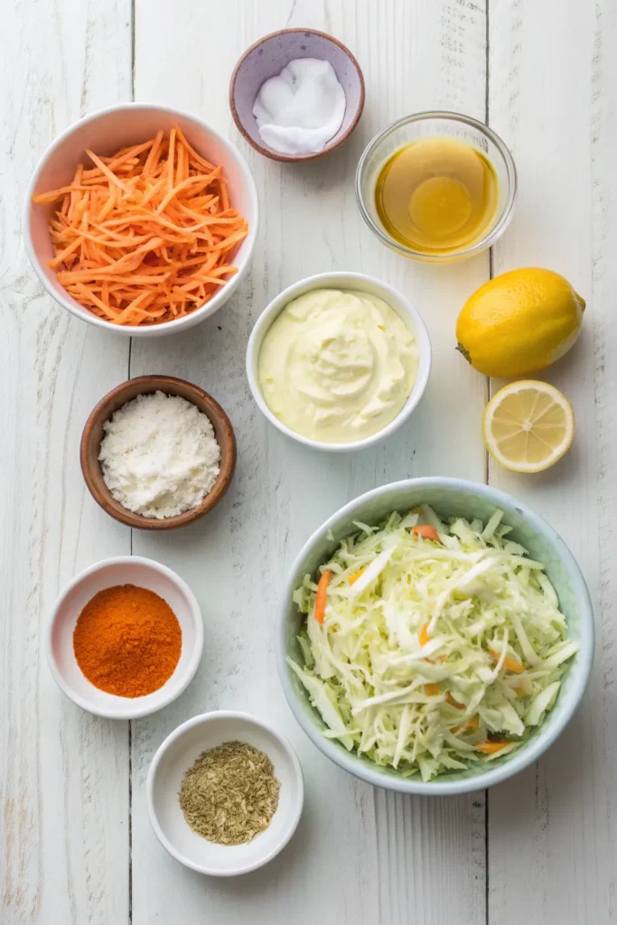 Ingredients for Chick-fil-A-style coleslaw including cabbage, carrots, mayo, and vinegar.