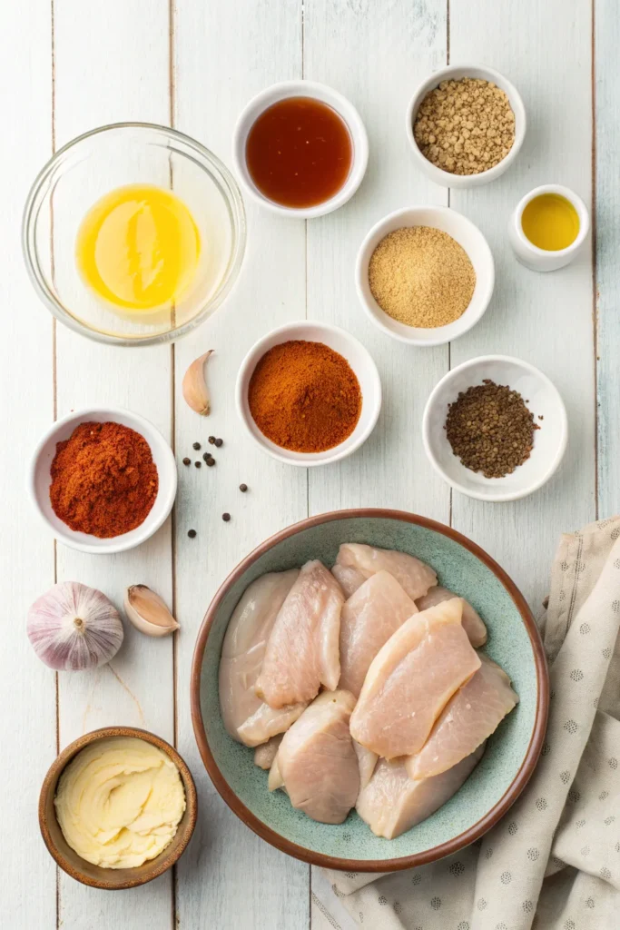 Ingredients for Chick-fil-A-style grilled chicken nuggets including chicken, spices, and sauces.