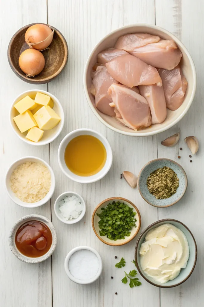 Ingredients for easy chicken and gravy including chicken, chicken broth, butter, and seasonings.