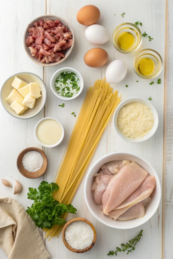 Ingredients for creamy chicken carbonara including chicken, pasta, eggs, and parmesan cheese.