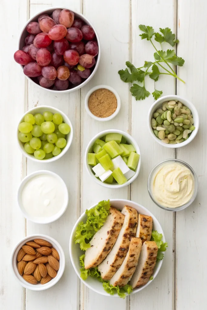 Ingredients for chicken salad with grapes including chicken, grapes, celery, and dressing ingredients.