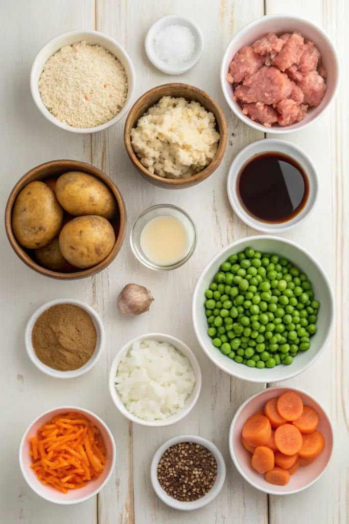 Ingredients for chicken Salisbury steak including ground chicken, breadcrumbs, and vegetables.
