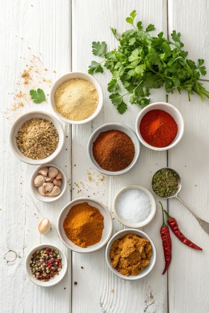 Ingredients for homemade chicken taco seasoning including cumin, chili powder, garlic powder, and oregano