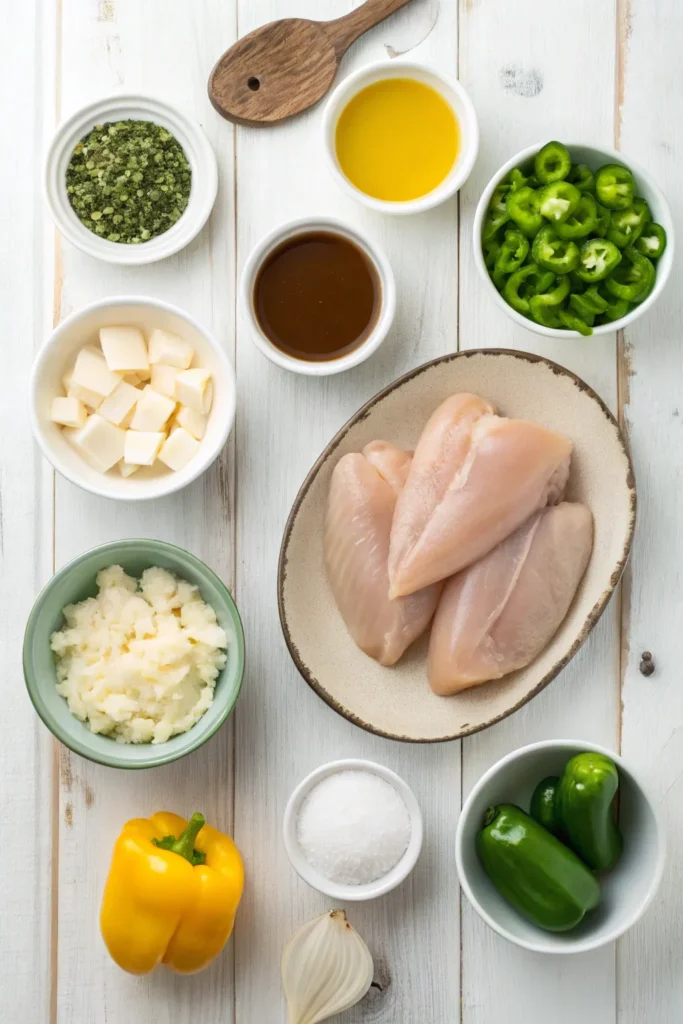Ingredients for Mississippi chicken including chicken breasts, ranch seasoning, butter, and peppers.