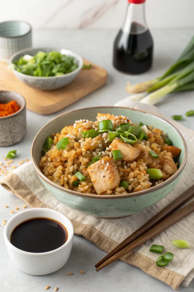 Benihana chicken fried rice served hot with garnish and soy sauce, ready to enjoy.