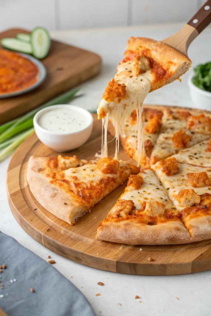 Slice of buffalo chicken pizza with melted cheese, crispy crust, and ranch dipping sauce