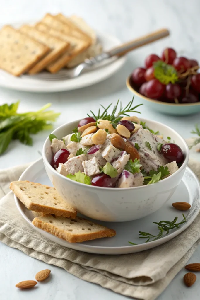 Chicken salad with grapes served in a bowl with fresh herbs and almonds