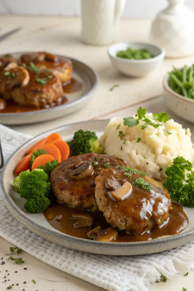 Chicken Salisbury steak served with mashed potatoes, gravy, and sautéed vegetables.