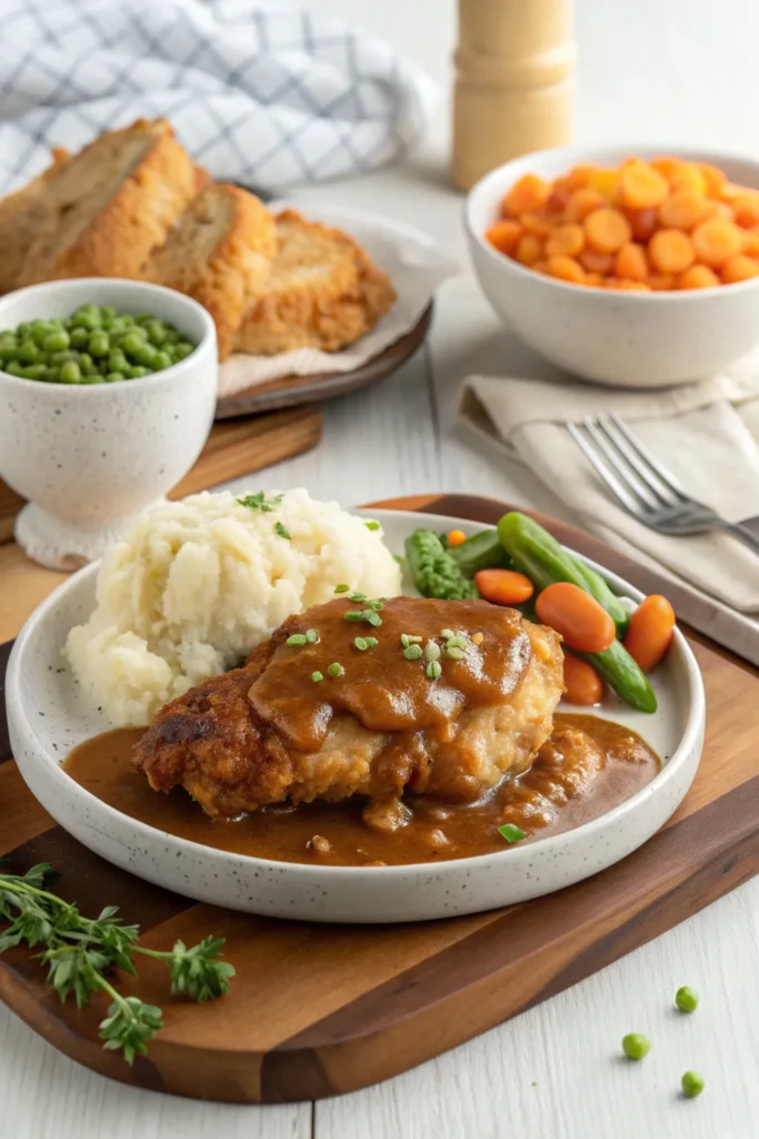 Easy chicken and gravy served with mashed potatoes and garnished with fresh herbs