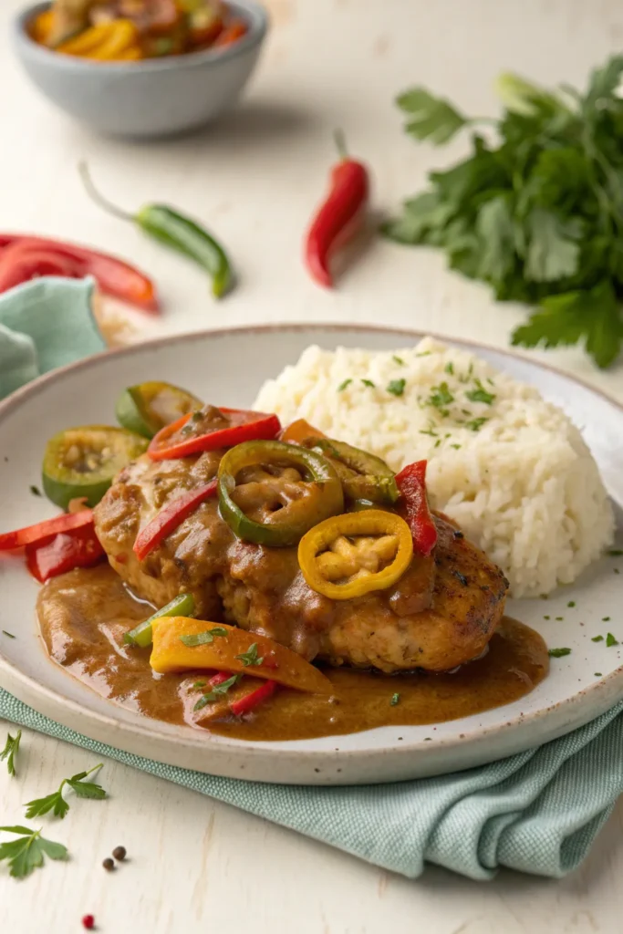 Mississippi chicken served with mashed potatoes and rich gravy, garnished with fresh herbs.