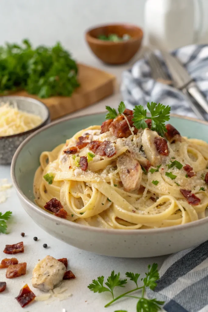 Creamy chicken carbonara served with crispy bacon, parmesan, and fresh parsley.