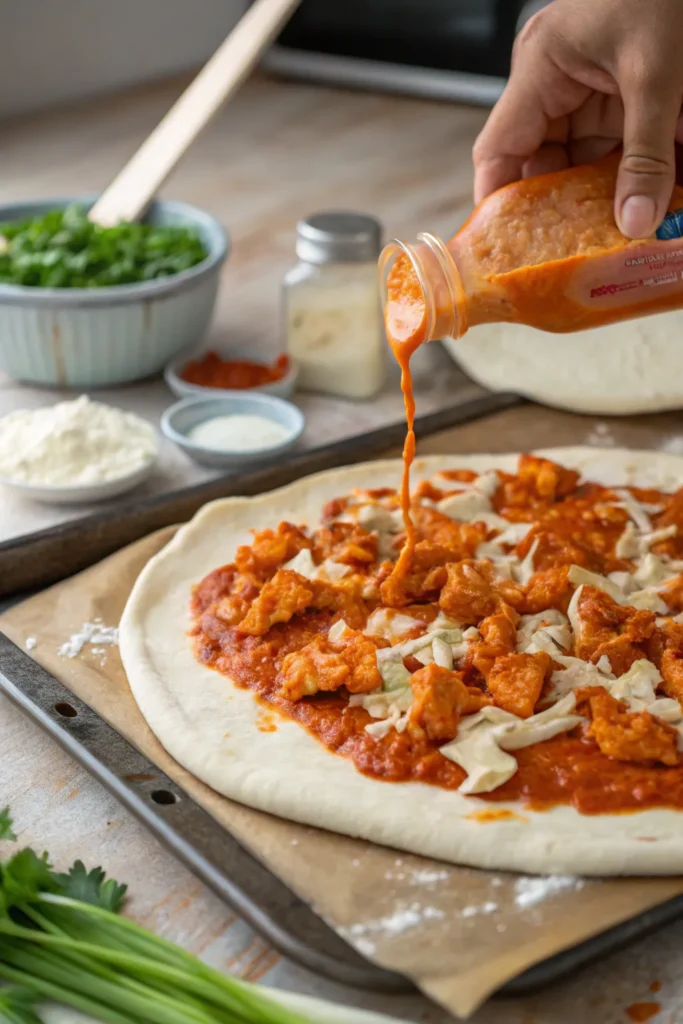 Preparing buffalo chicken pizza
