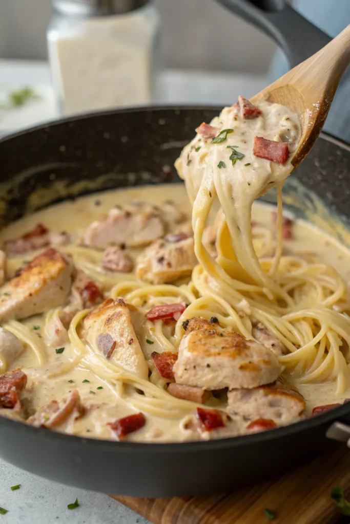 Preparing creamy chicken carbonara