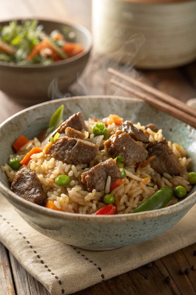 Beef fried rice made with tender beef, rice, and vegetables, served hot in a bowl.