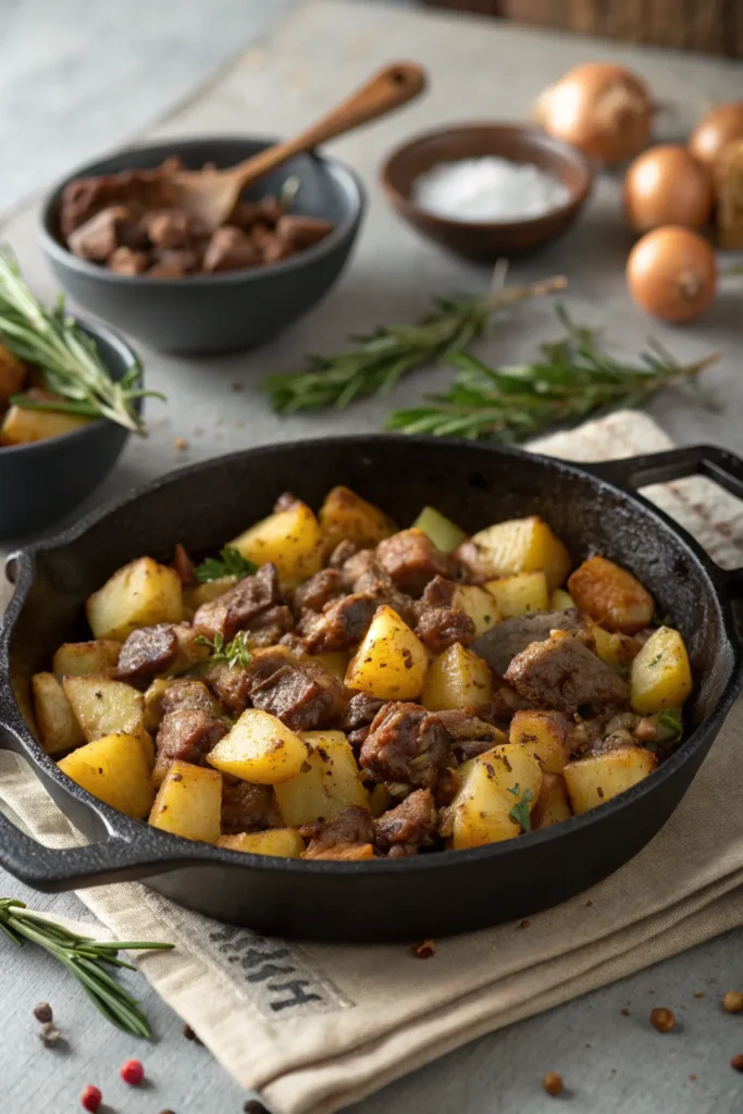 Pan-fry diced potatoes until crispy
