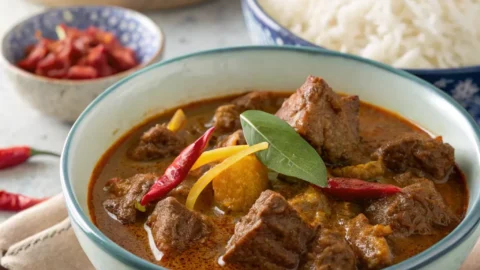 Beef rendang served with rich coconut sauce and spices, garnished with fresh herbs.