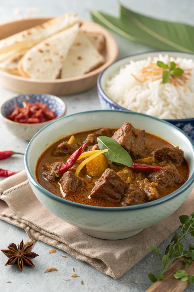 Beef rendang served with rich coconut sauce and spices, garnished with fresh herbs.