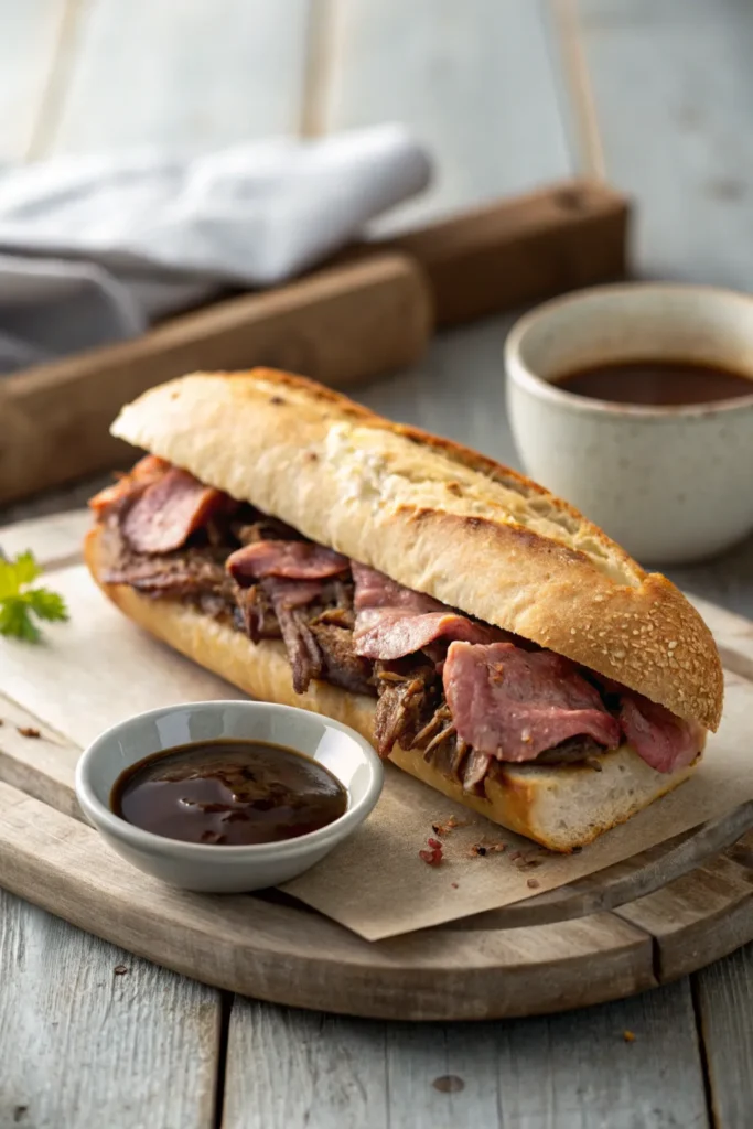 French dip sandwich filled with sliced beef and served with au jus for dipping.