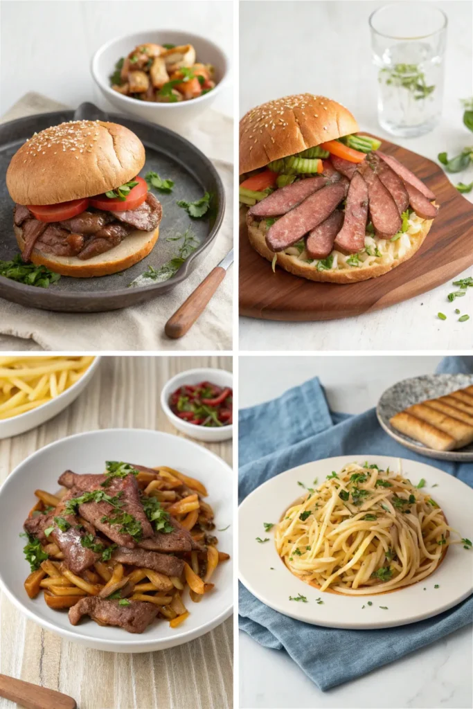 Collage of leftover roast beef recipes including sandwiches, stir-fry, hash, and pasta dishes.