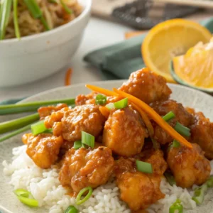 Panda Express-style orange chicken with crispy chicken pieces in tangy orange sauce