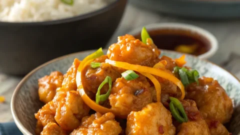 Panda Express-style orange chicken with crispy chicken pieces in tangy orange sauce, served with rice.