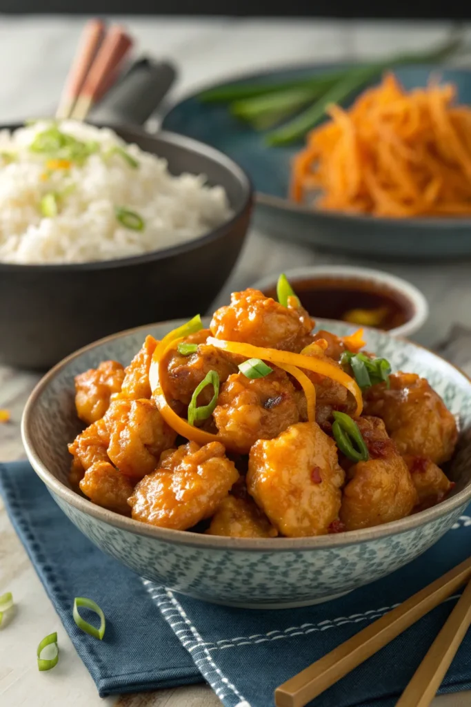 Panda Express-style orange chicken with crispy chicken pieces in tangy orange sauce, served with rice.