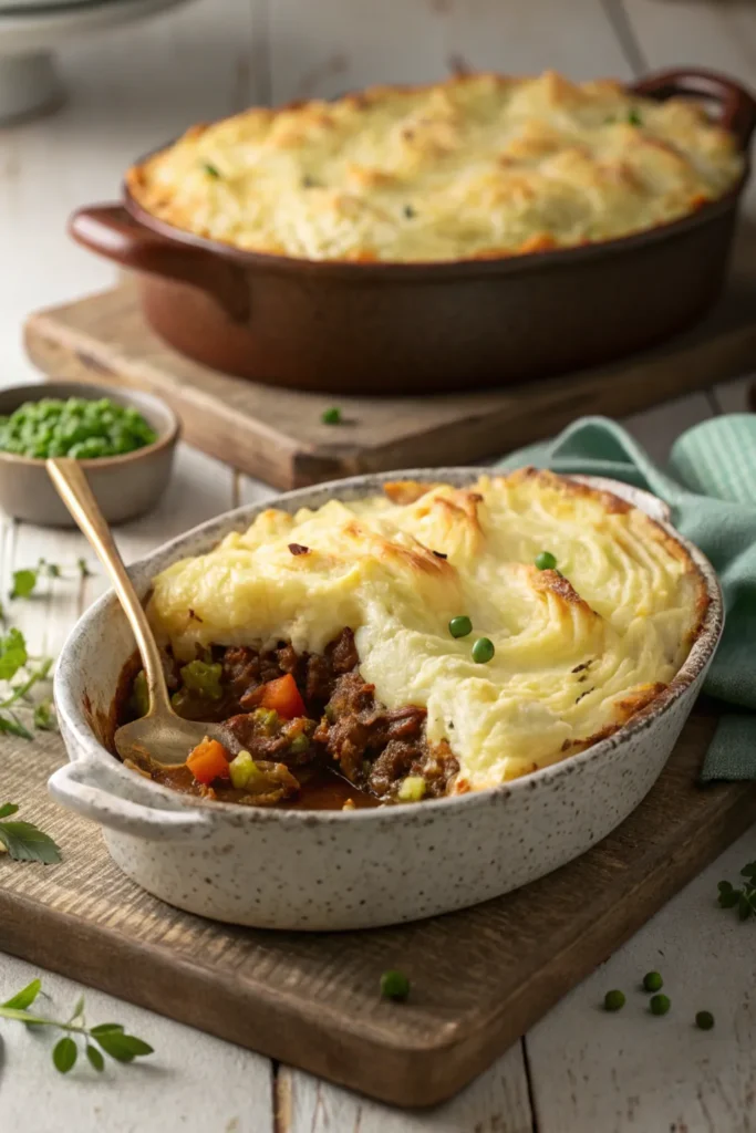 Shepherd’s pie made with leftover roast beef and topped with creamy mashed potatoes.