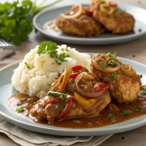 Southern smothered chicken with crispy fried chicken and rich gravy,