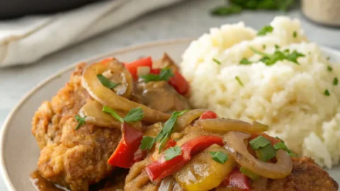 Southern smothered chicken with crispy fried chicken and rich gravy, served with mashed potatoes.