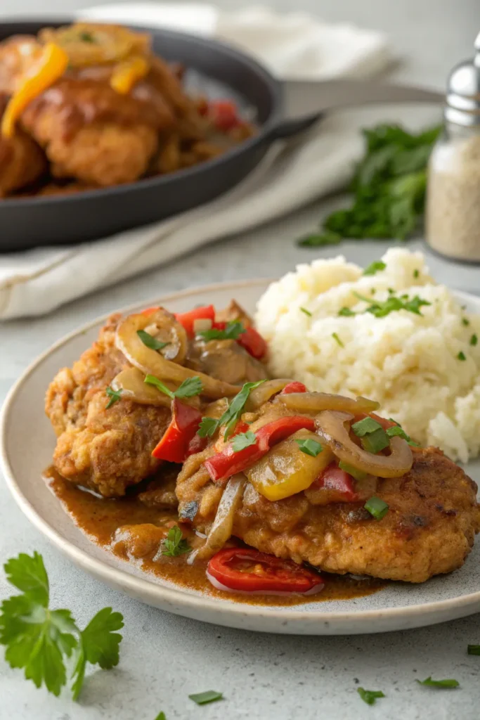 Southern smothered chicken with crispy fried chicken and rich gravy, served with mashed potatoes.
