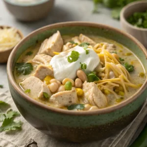 Best white chicken chili with tender chicken, beans, corn,