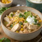 Best white chicken chili with tender chicken, beans, corn, and green chilies, topped with cheese and sour cream