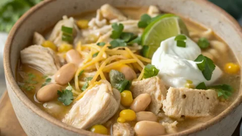 Best white chicken chili with tender chicken, beans, corn, and green chilies, topped with cheese and sour cream